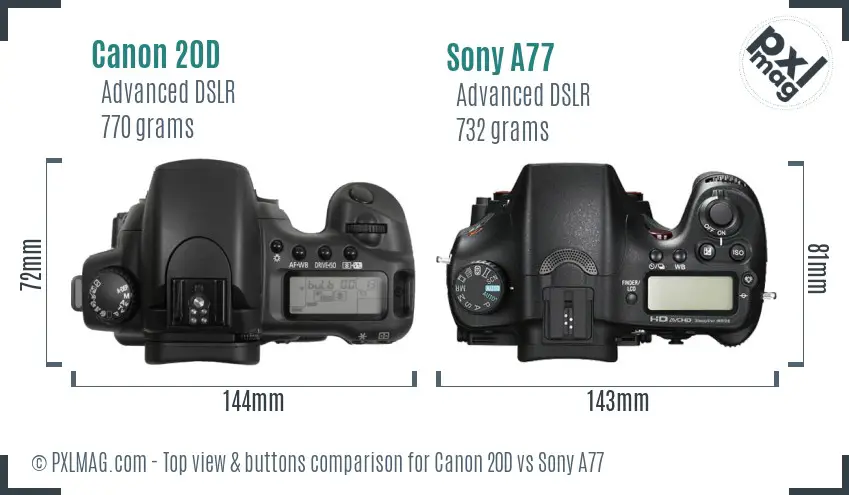 Canon 20D vs Sony A77 top view buttons comparison