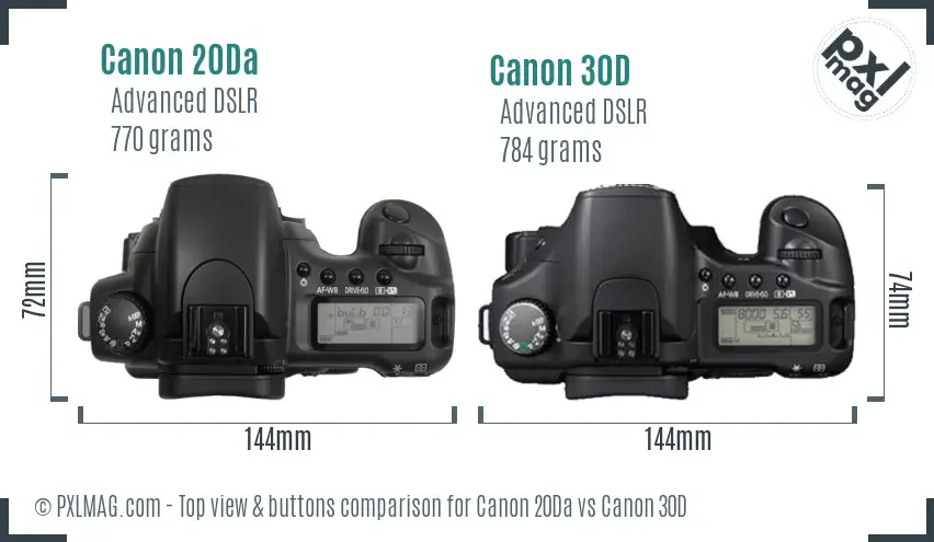 Canon 20Da vs Canon 30D top view buttons comparison