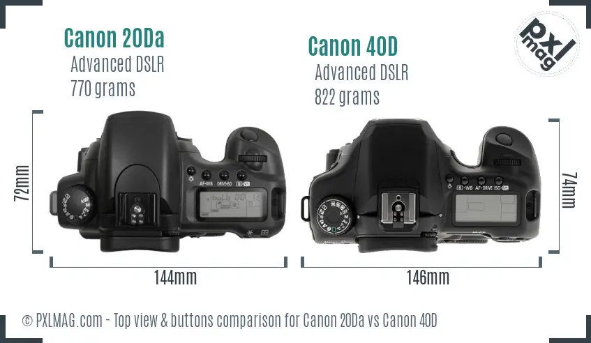 Canon 20Da vs Canon 40D top view buttons comparison