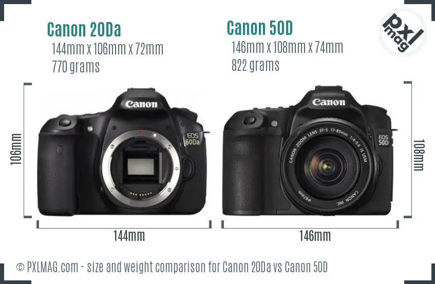 Canon 20Da vs Canon 50D size comparison
