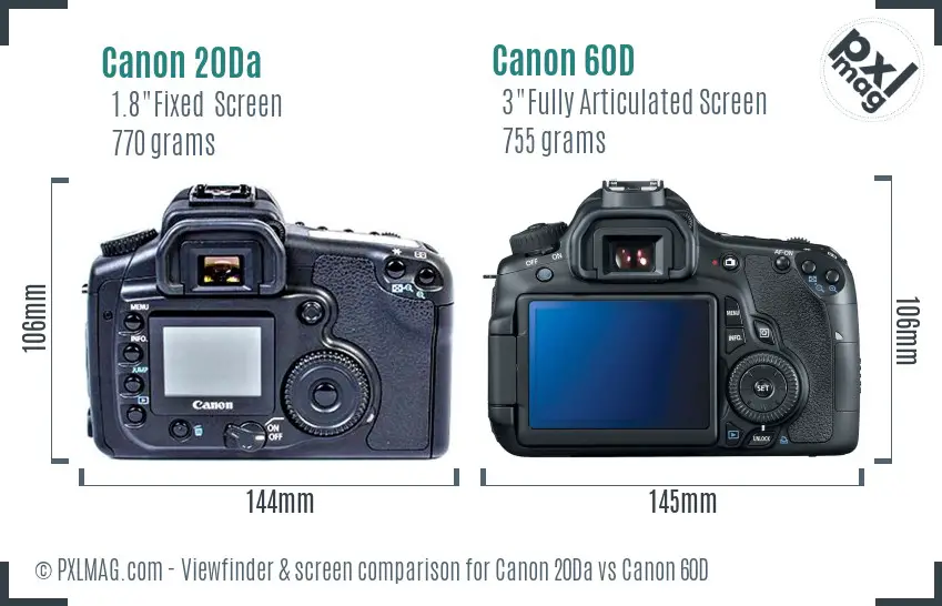 Canon 20Da vs Canon 60D Screen and Viewfinder comparison