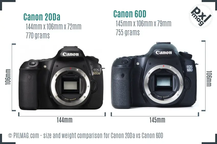 Canon 20Da vs Canon 60D size comparison