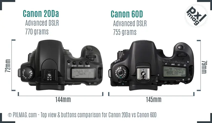 Canon 20Da vs Canon 60D top view buttons comparison