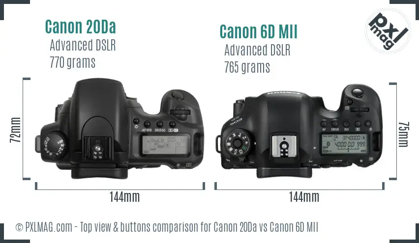 Canon 20Da vs Canon 6D MII top view buttons comparison