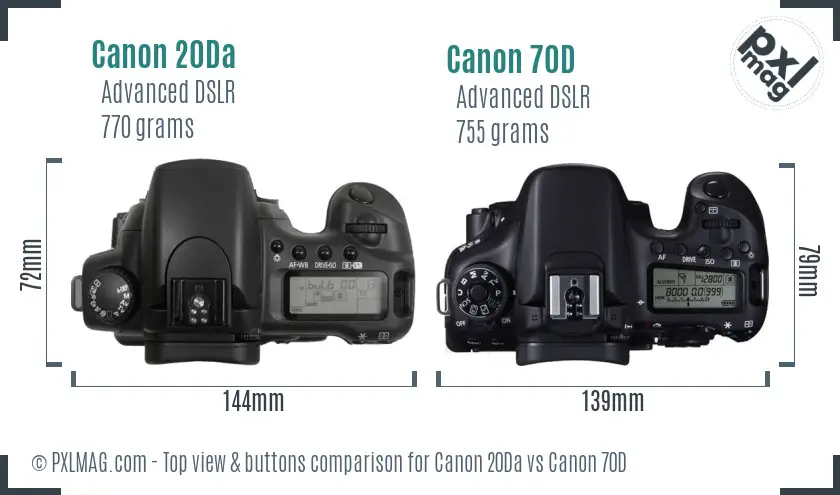 Canon 20Da vs Canon 70D top view buttons comparison
