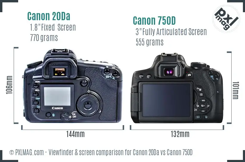 Canon 20Da vs Canon 750D Screen and Viewfinder comparison
