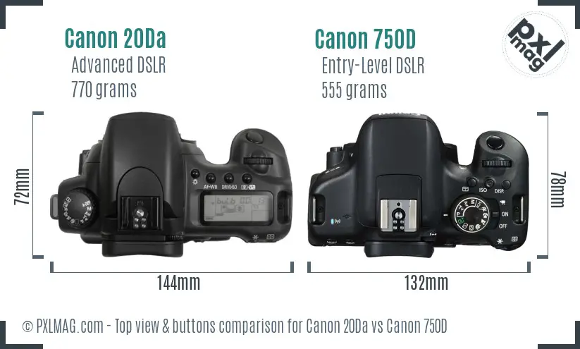 Canon 20Da vs Canon 750D top view buttons comparison