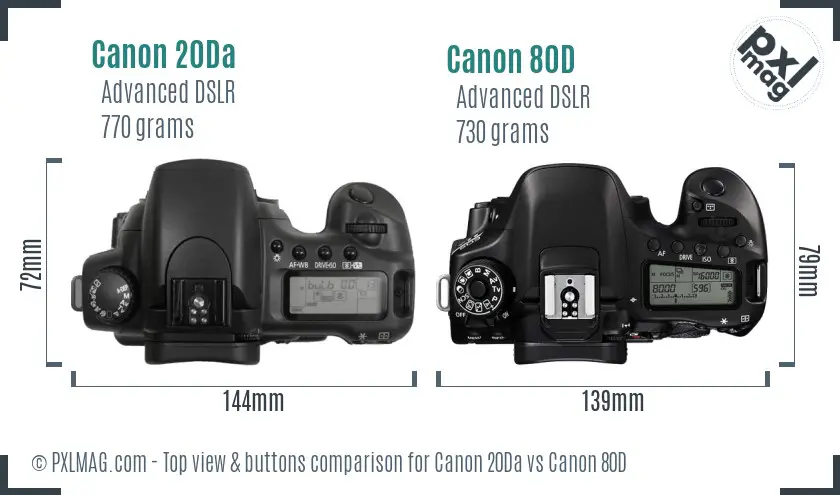 Canon 20Da vs Canon 80D top view buttons comparison