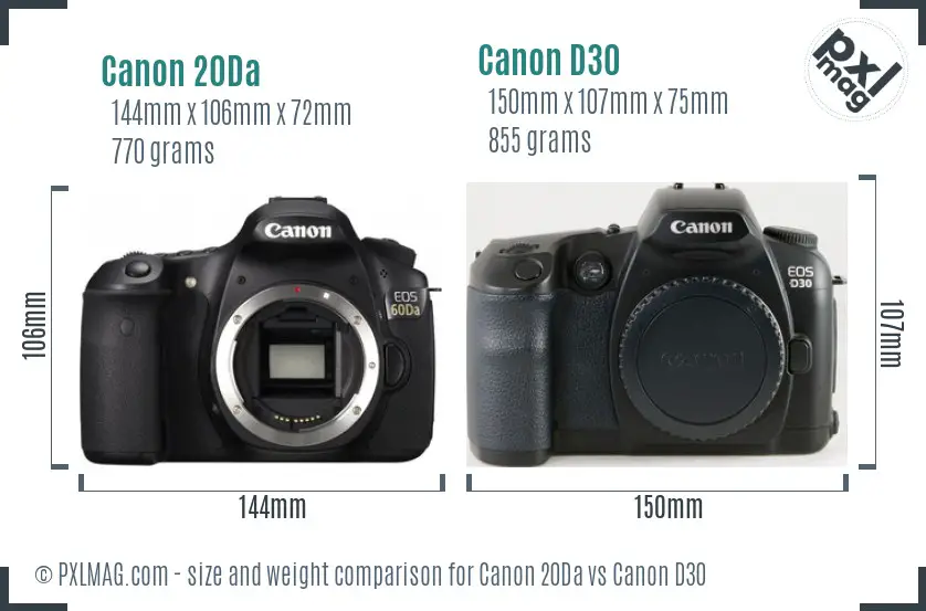 Canon 20Da vs Canon D30 size comparison