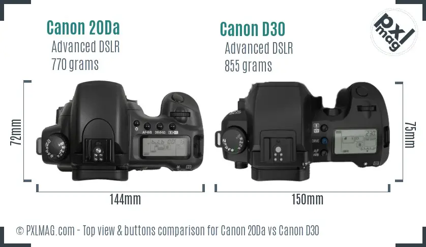 Canon 20Da vs Canon D30 top view buttons comparison