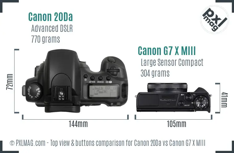 Canon 20Da vs Canon G7 X MIII top view buttons comparison Canon 20Da vs Canon G7 X MIII top view buttons comparison