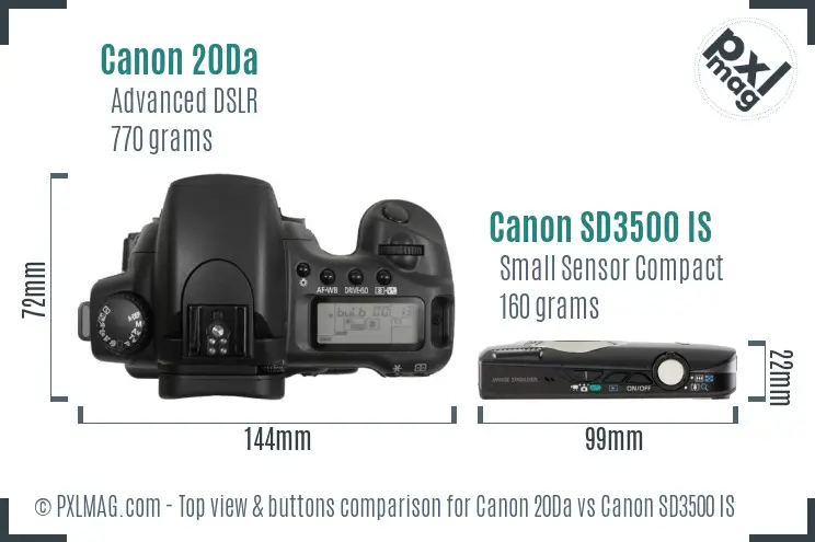 Canon 20Da vs Canon SD3500 IS top view buttons comparison