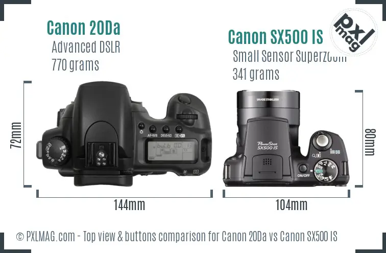 Canon 20Da vs Canon SX500 IS top view buttons comparison