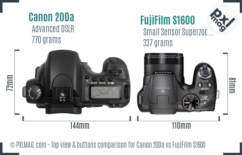 Canon 20Da vs FujiFilm S1600 top view buttons comparison
