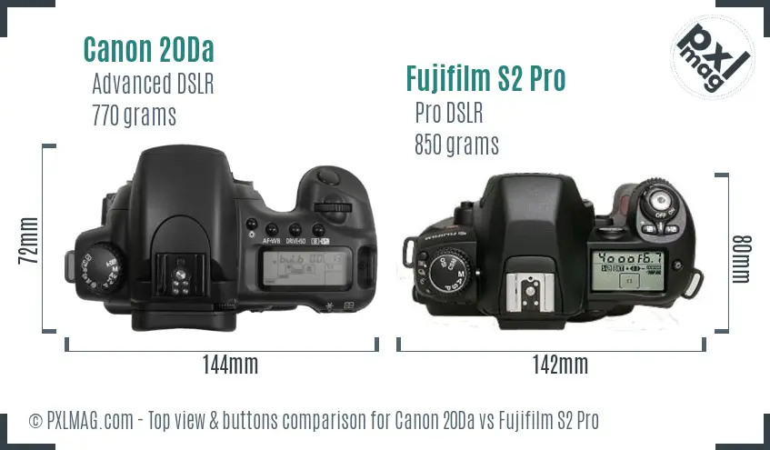 Canon 20Da vs Fujifilm S2 Pro top view buttons comparison