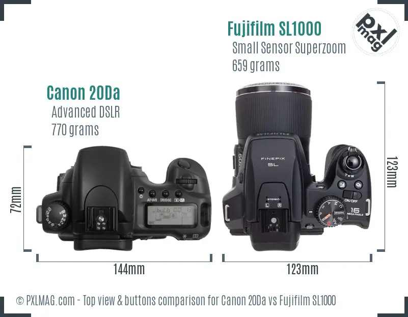 Canon 20Da vs Fujifilm SL1000 top view buttons comparison