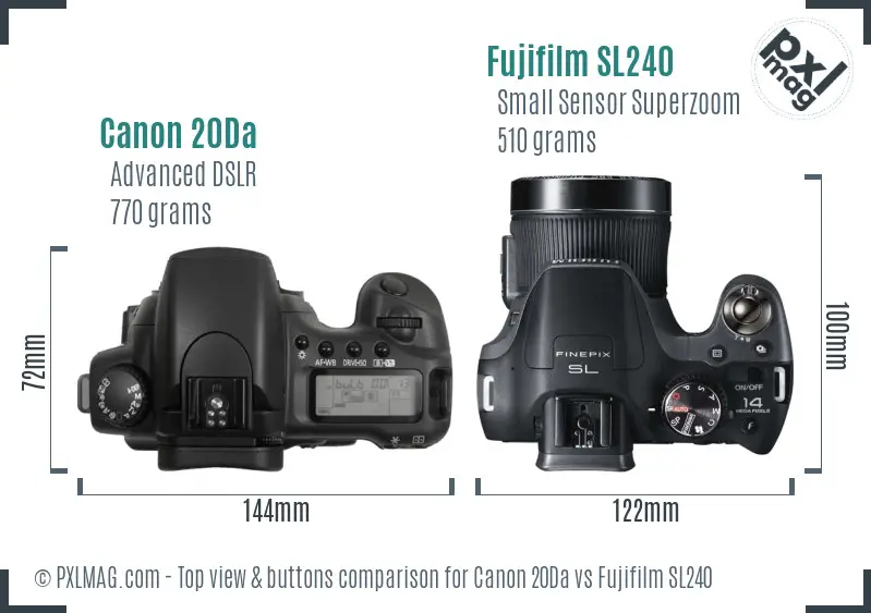 Canon 20Da vs Fujifilm SL240 top view buttons comparison Canon 20Da vs Fujifilm SL240 top view buttons comparison