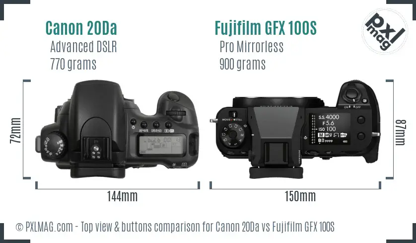 Canon 20Da vs Fujifilm GFX 100S top view buttons comparison