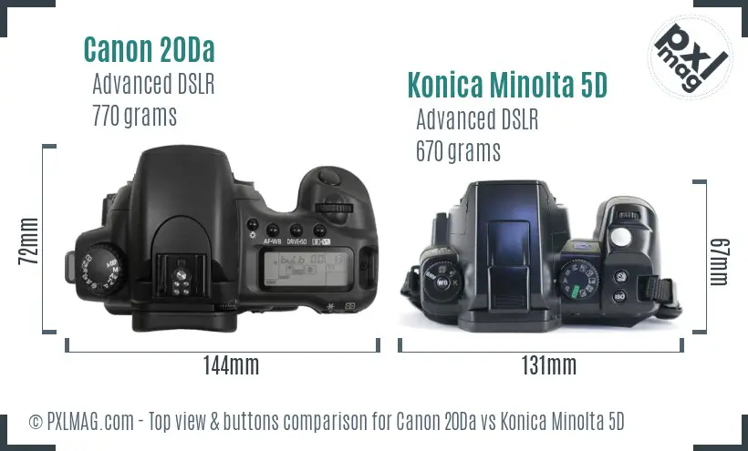 Canon 20Da vs Konica Minolta 5D top view buttons comparison