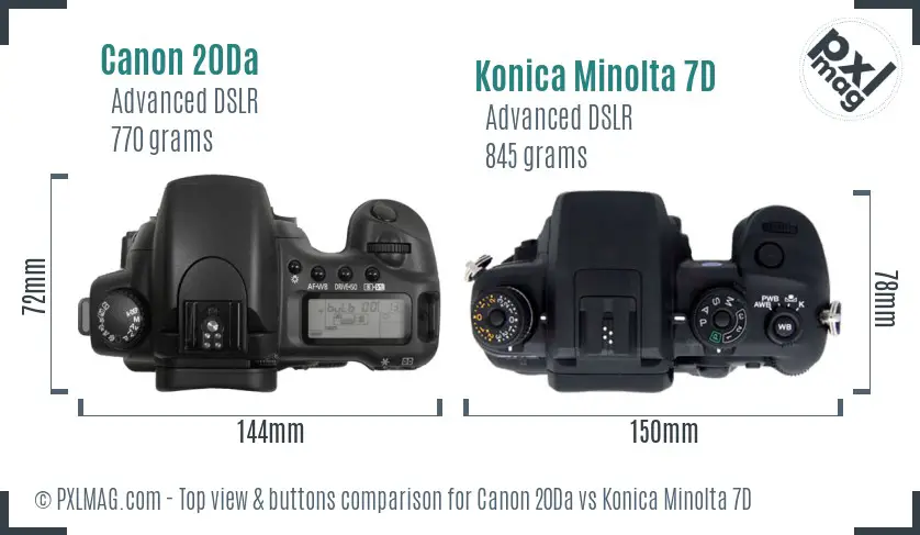 Canon 20Da vs Konica Minolta 7D top view buttons comparison