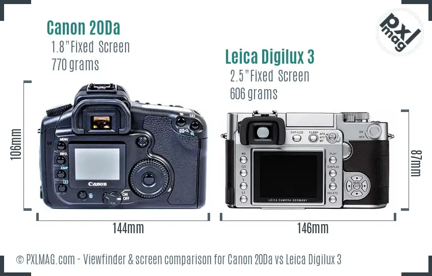 Canon 20Da vs Leica Digilux 3 Screen and Viewfinder comparison