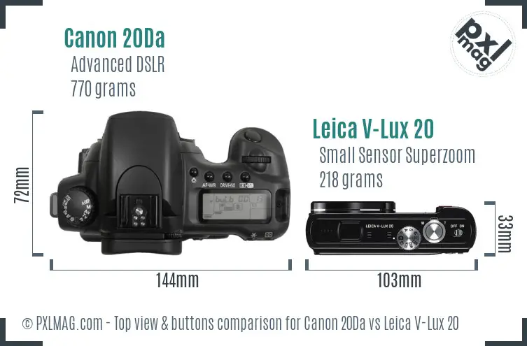 Canon 20Da vs Leica V-Lux 20 top view buttons comparison