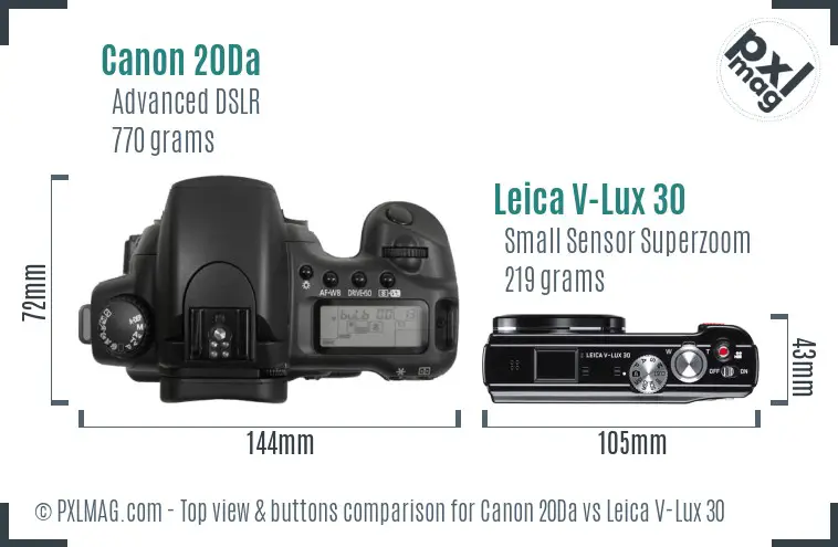 Canon 20Da vs Leica V-Lux 30 top view buttons comparison