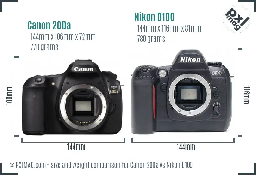 Canon 20Da vs Nikon D100 size comparison