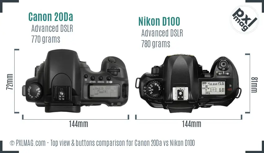 Canon 20Da vs Nikon D100 top view buttons comparison