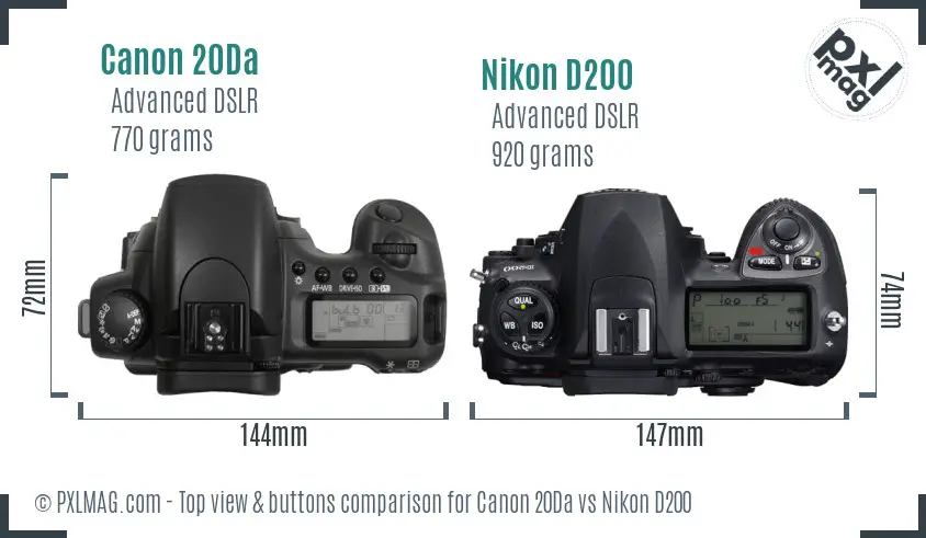 Canon 20Da vs Nikon D200 top view buttons comparison