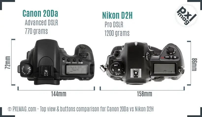 Canon 20Da vs Nikon D2H top view buttons comparison