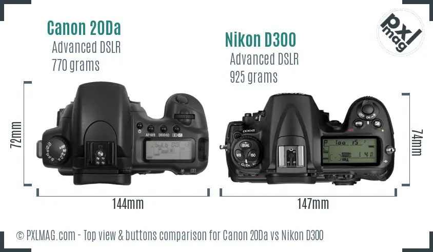 Canon 20Da vs Nikon D300 top view buttons comparison