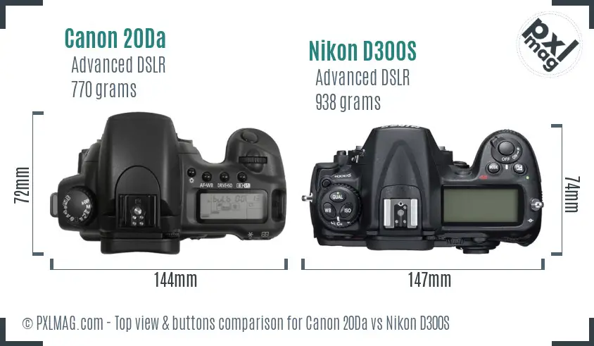 Canon 20Da vs Nikon D300S top view buttons comparison