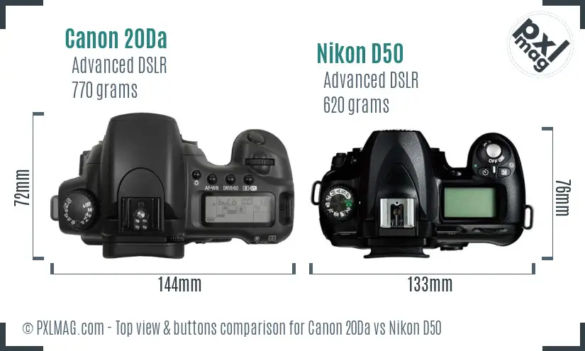 Canon 20Da vs Nikon D50 top view buttons comparison