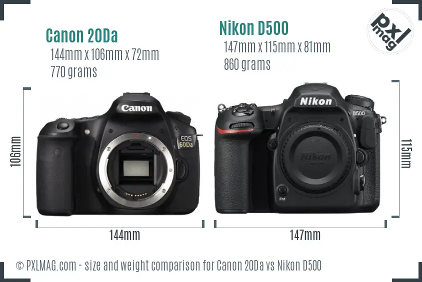 Canon 20Da vs Nikon D500 size comparison