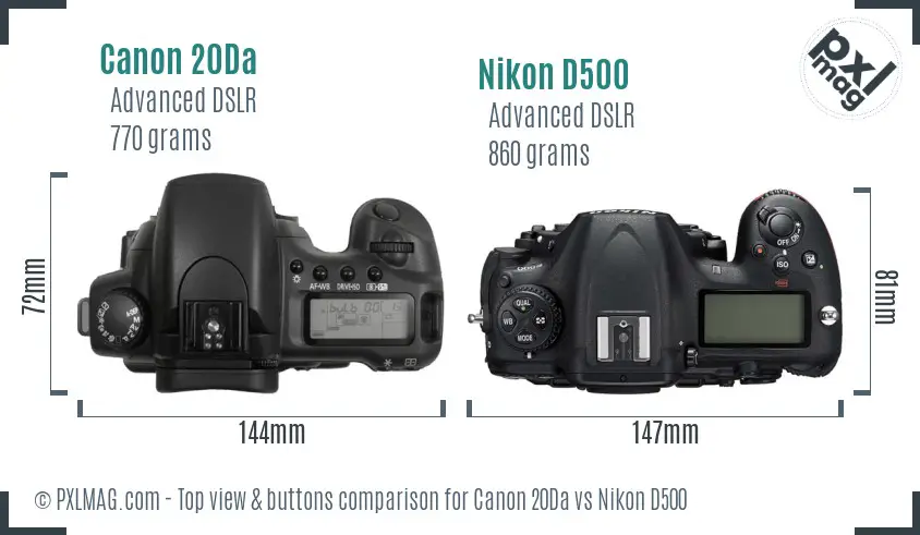 Canon 20Da vs Nikon D500 top view buttons comparison