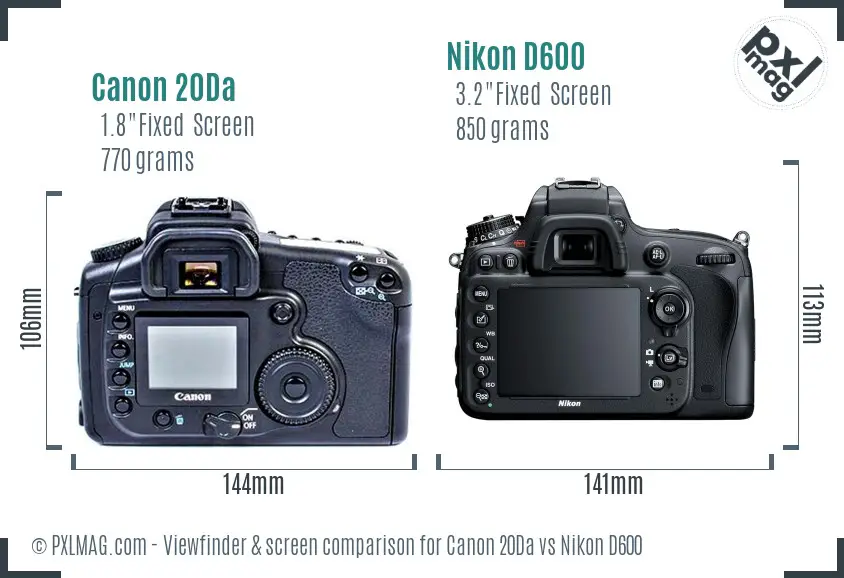 Canon 20Da vs Nikon D600 Screen and Viewfinder comparison