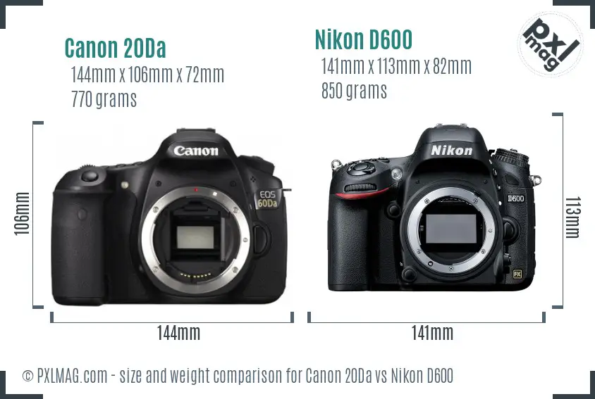 Canon 20Da vs Nikon D600 size comparison