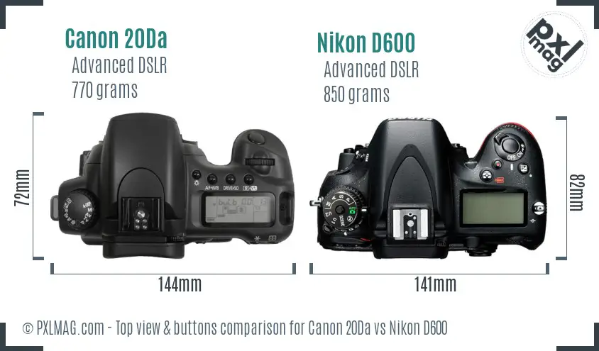 Canon 20Da vs Nikon D600 top view buttons comparison