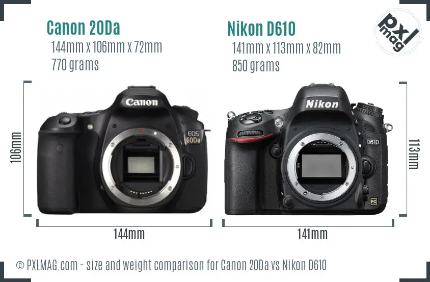 Canon 20Da vs Nikon D610 size comparison