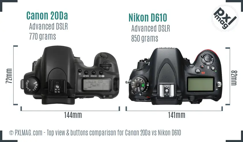 Canon 20Da vs Nikon D610 top view buttons comparison