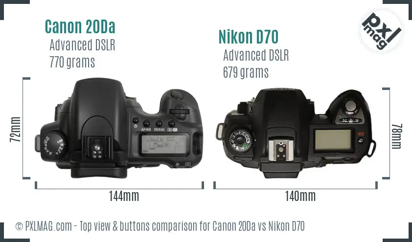 Canon 20Da vs Nikon D70 top view buttons comparison