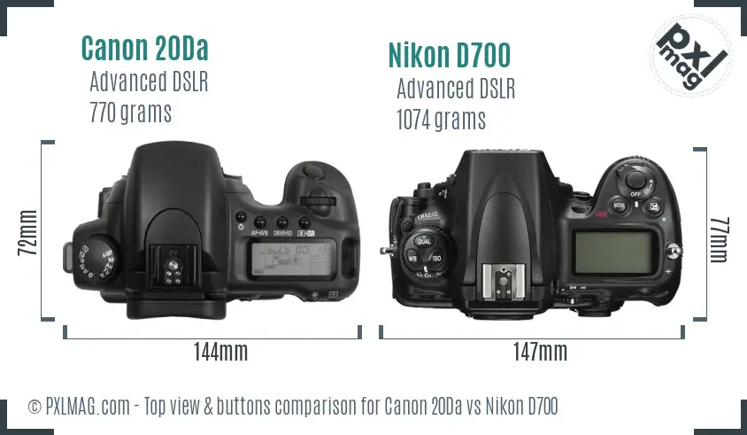 Canon 20Da vs Nikon D700 top view buttons comparison