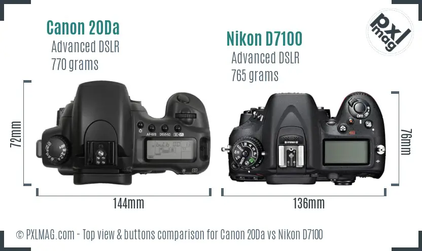 Canon 20Da vs Nikon D7100 top view buttons comparison