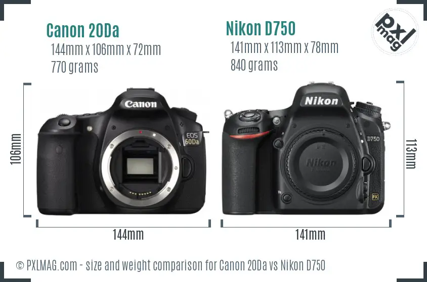 Canon 20Da vs Nikon D750 size comparison