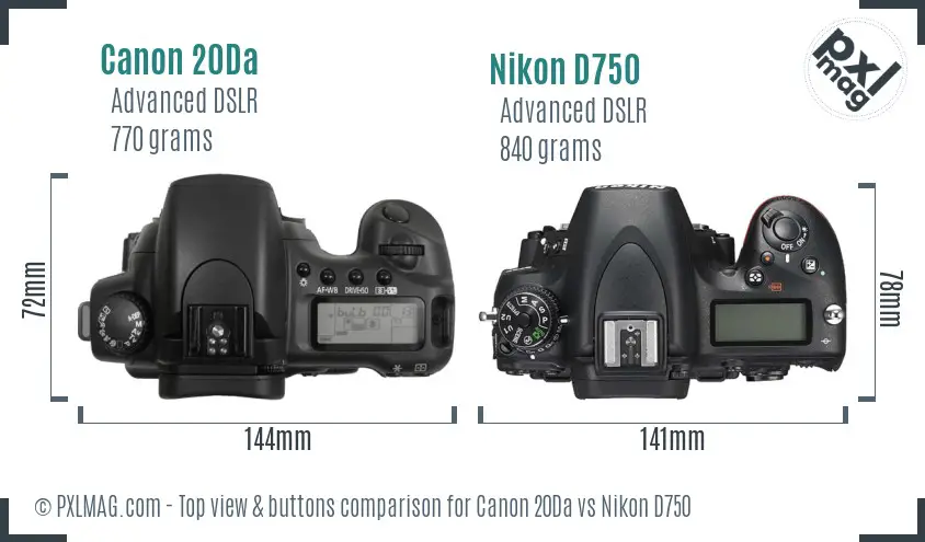 Canon 20Da vs Nikon D750 top view buttons comparison