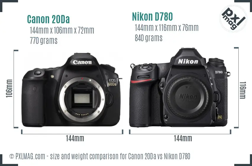 Canon 20Da vs Nikon D780 size comparison