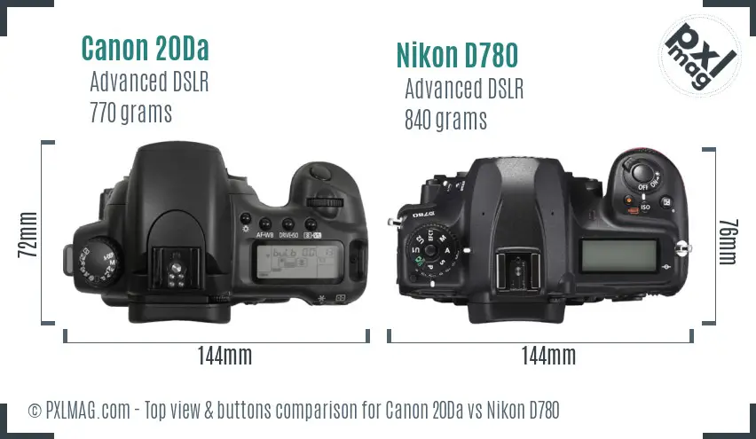 Canon 20Da vs Nikon D780 top view buttons comparison