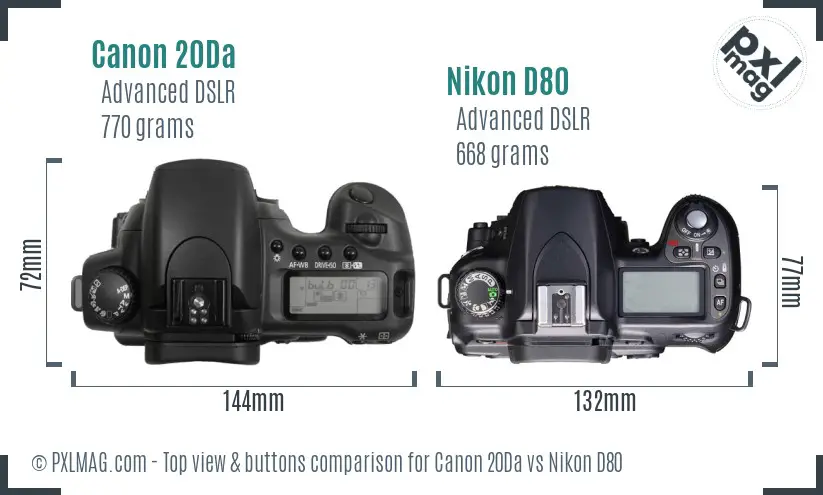 Canon 20Da vs Nikon D80 top view buttons comparison