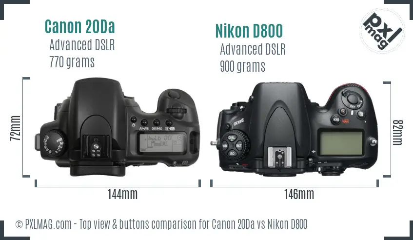 Canon 20Da vs Nikon D800 top view buttons comparison